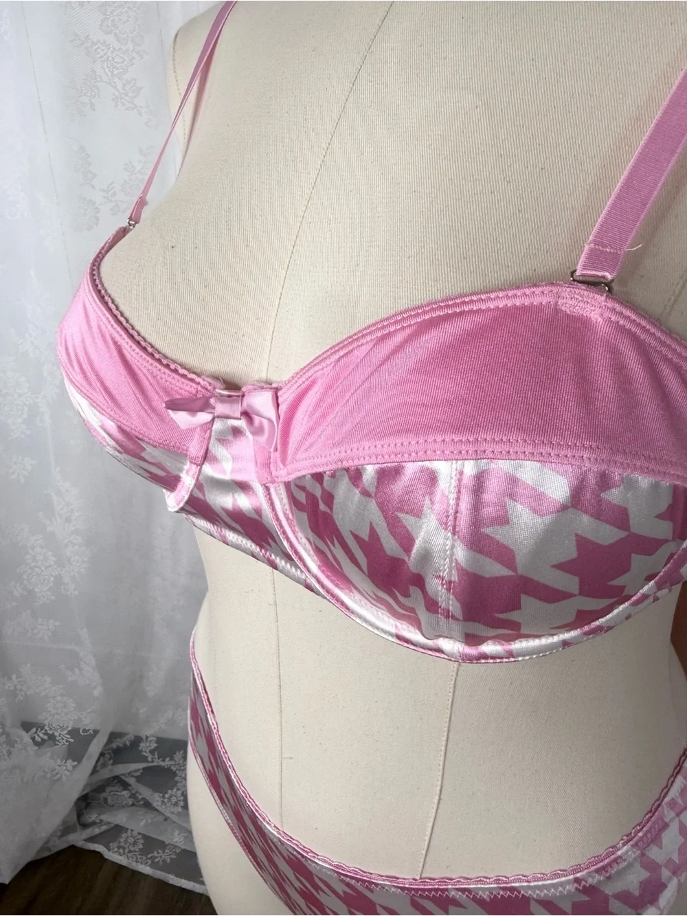 Sugar Thrillz Pink Houndstooth Satin Lingerie Set BIN#16